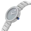 An image of a Wristwatch by Movado. This Display Model item is designed for Women, featuring a Classic,Dress/Formal style. It has a Quartz movement and an Analog display with a Gray dial color. The indices include No Hour Marks. The band is made of Stainless Steel and the case is made of Stainless Steel. The watch has a Round shape with a case size of 26 mm and a case thickness of 7 mm.