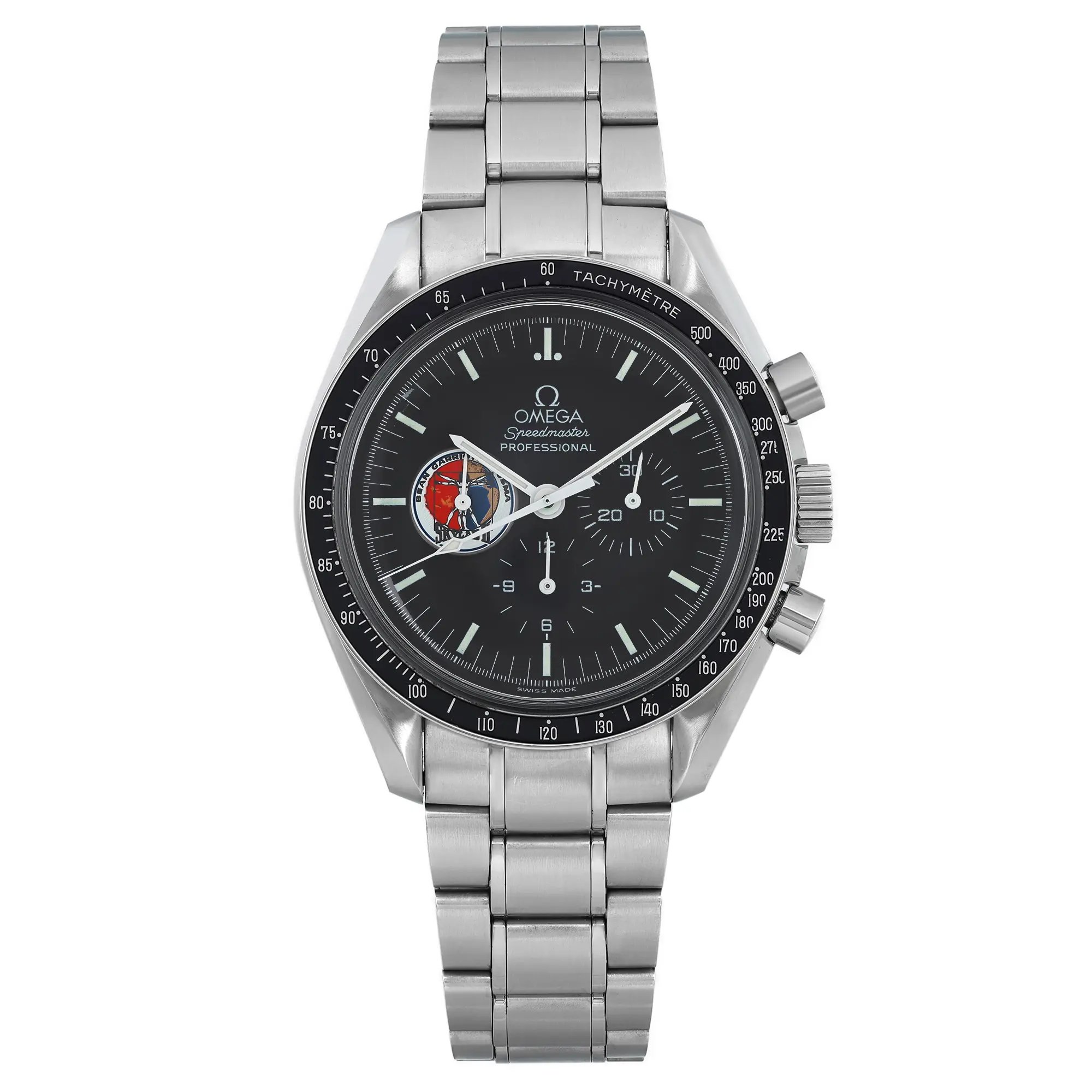 An image of a pre-owned OMEGA men's wristwatch in good condition, presented in a front full frontal view. The watch features a round stainless steel case and band, a black dial and bezel, stick indexes, and a 12-hour dial. It has a sporty style with a chronograph function and a small seconds subdial. The image is taken from a close distance, ensuring the watch fills the frame for a clear view of its details.