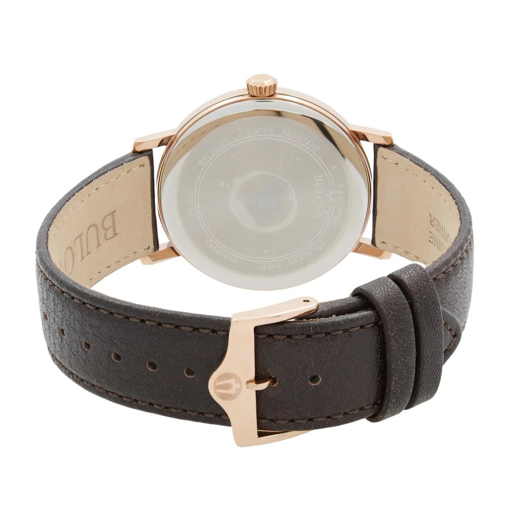 Back View Of Snap Back Case And Closed Leather Band Of Bulova 97B154 Watch New With Defects Condition