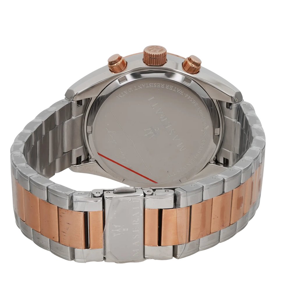 An image of a Wristwatch by Maserati. This Unworn item is designed for Men, featuring a Dress/Formal style. It has a Quartz movement and an Analog display with a Brown dial color. The indices include 12-Hour Dial,Stick Indexes. The band is made of Rose Gold Plated,Stainless Steel and the case is made of Stainless Steel. The watch has a Round shape with a case size of 45 mm and a case thickness of 13 mm.