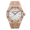An image of a pre-owned men's luxury wristwatch by Audemars Piguet, displayed in a front full frontal view. The watch features a silver tapisserie-patterned dial with luminous hands, encased in a rose gold octagonal case. The bezel is adorned with diamonds and made of rose gold and the band is also made of rose gold. The watch is in good condition and showcases a classic, elegant style.
