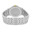 An image of a pre-owned wristwatch showcasing the back view with a focus on the closed clasp. The watch features a stainless steel band and a circular case with a gold-colored winding crown. The angle is straight on and the image is taken from a close distance, highlighting the details of the bracelet links and the back case.