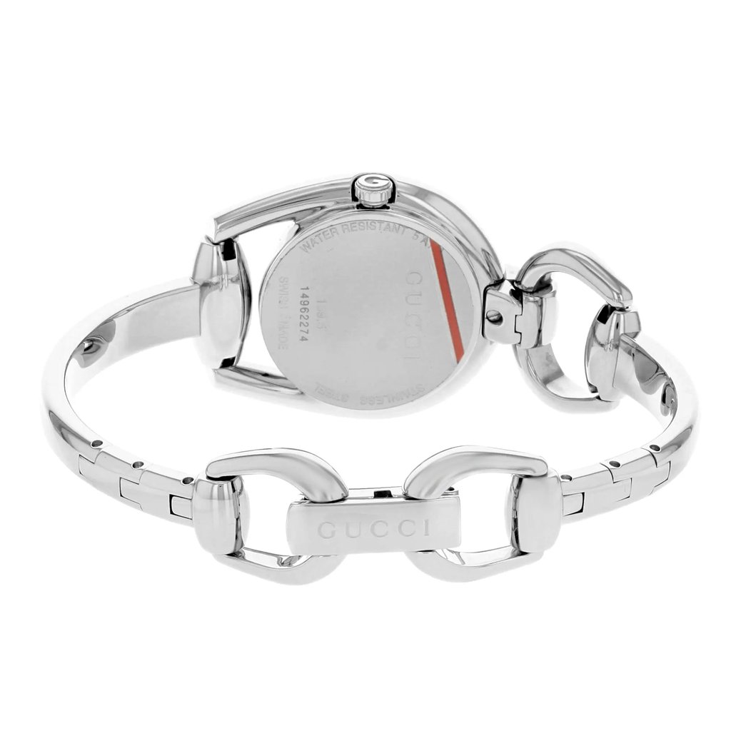 Back View Of Snap Back Case And Closed Stainless Steel Band Of Gucci YA139503 Watch Unworn Condition