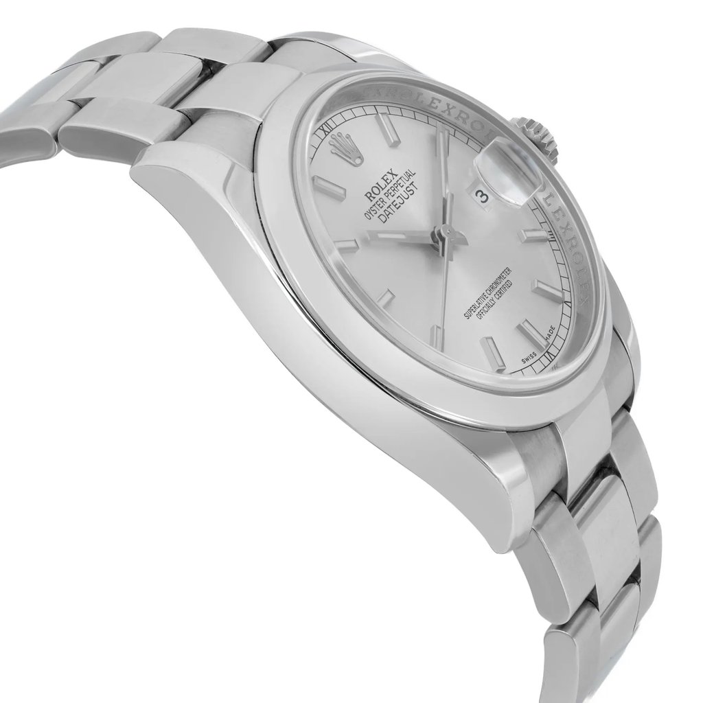 An image of a pre-owned wristwatch from a side profile view, opposite the crown. The watch features a stainless steel band and a silver dial with visible hour markers and hands. The angle highlights the watch's sleek design, showcasing the bracelet links and the case's polished finish. The photograph is taken from a close distance, emphasizing the watch's details and craftsmanship.