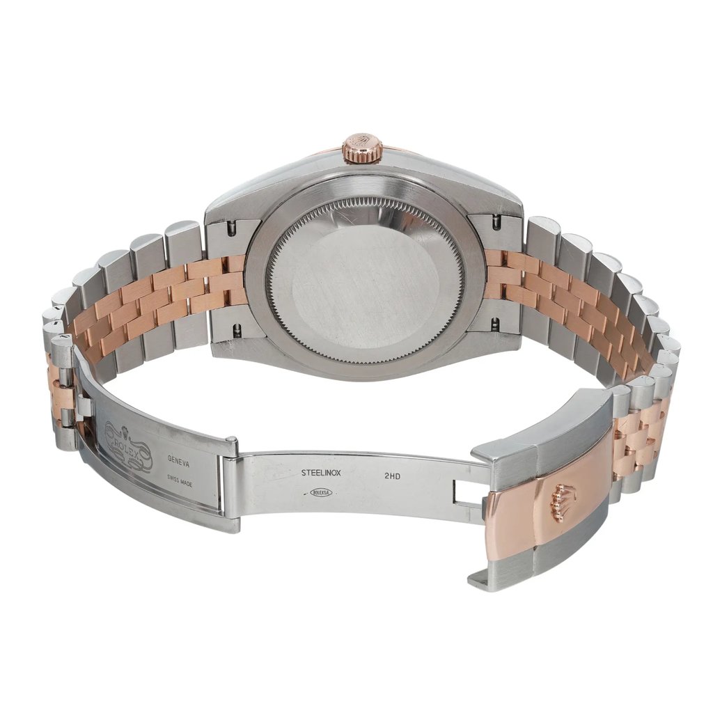 Back View Of Solid Back Case And Open Rose Gold,Stainless Steel Band Of Rolex 126331 Watch Pre Owned Condition