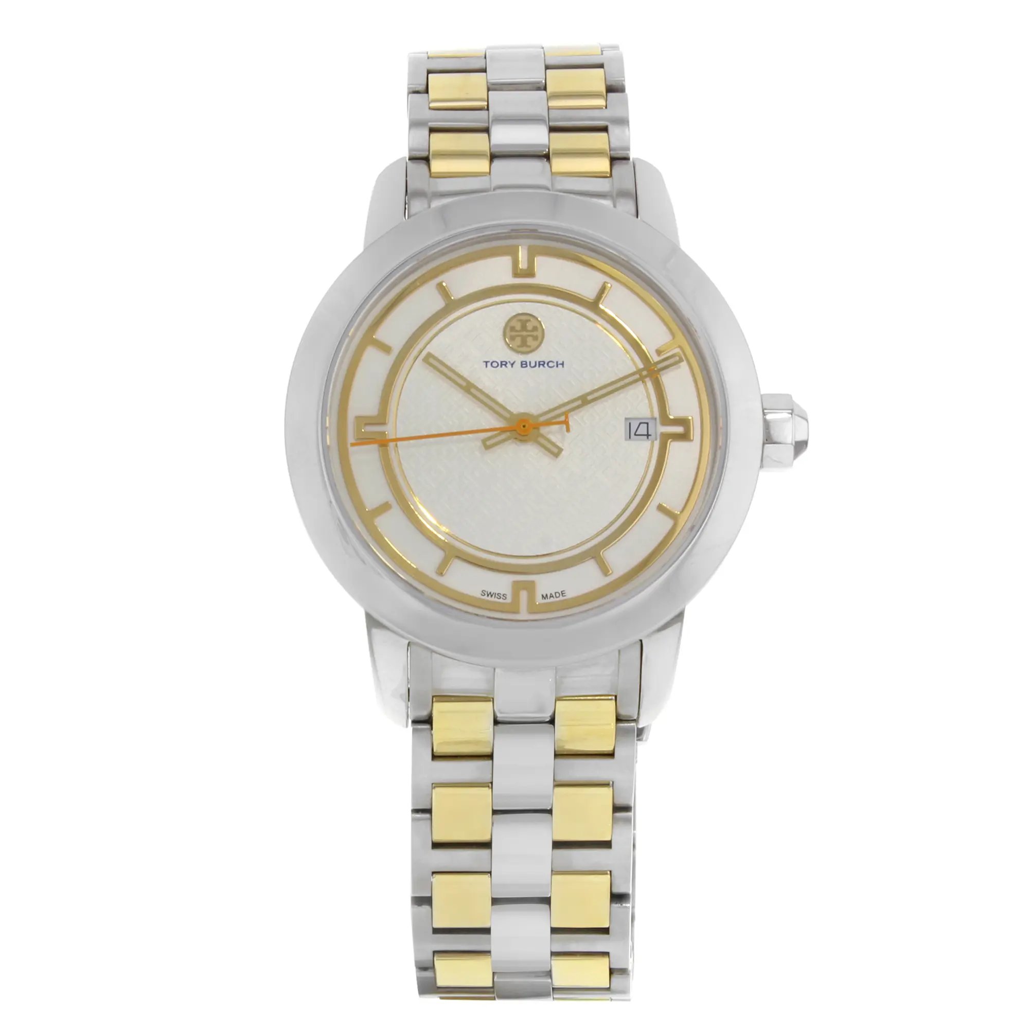 An image of a Wristwatch by Tory Burch. This Pre Owned item is designed for Women, featuring a Casual style. It has a Quartz movement and an Analog display with a Cream dial color. The indices include Sticks. The band is made of Stainless and Solid Gold and the case is made of Stainless Steel. The watch has a Round shape with a case size of 37 mm and a case thickness of 9 mm.