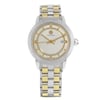 An image of a Wristwatch by Tory Burch. This Pre Owned item is designed for Women, featuring a Casual style. It has a Quartz movement and an Analog display with a Cream dial color. The indices include Sticks. The band is made of Stainless and Solid Gold and the case is made of Stainless Steel. The watch has a Round shape with a case size of 37 mm and a case thickness of 9 mm.