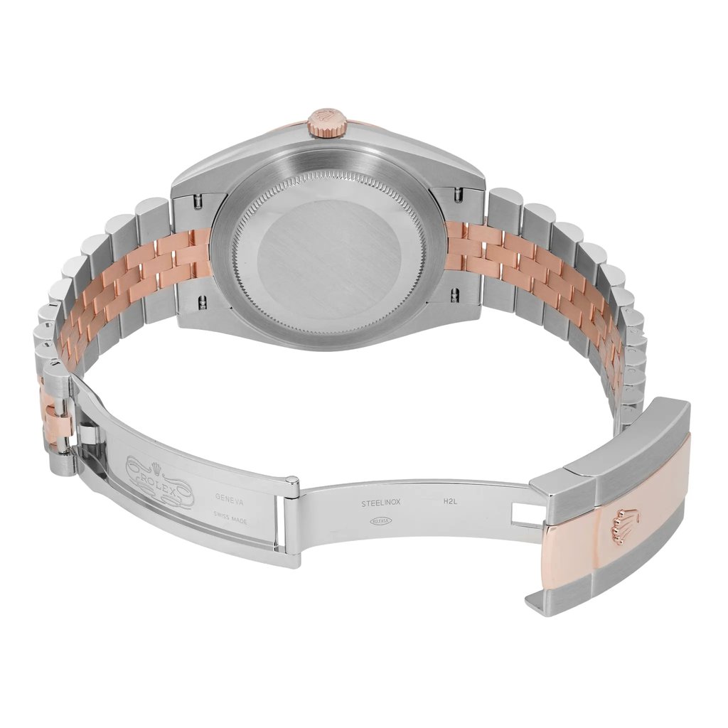 Back View Of Screwback Back Case And Open Stainless Steel,Rose Gold Band Of Rolex 126301 Watch Unworn Condition