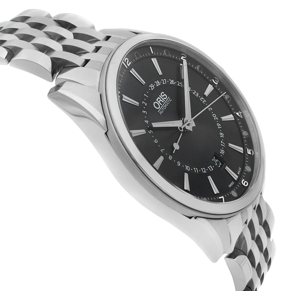 An image of a wristwatch taken from a side profile view, opposite the crown, highlighting the sleek design. The watch features a metallic band with a polished finish and a black dial with silver markers and hands. The photo is captured at a slight angle, emphasizing the watch's curved shape and craftsmanship, and is taken at a close distance to showcase details.