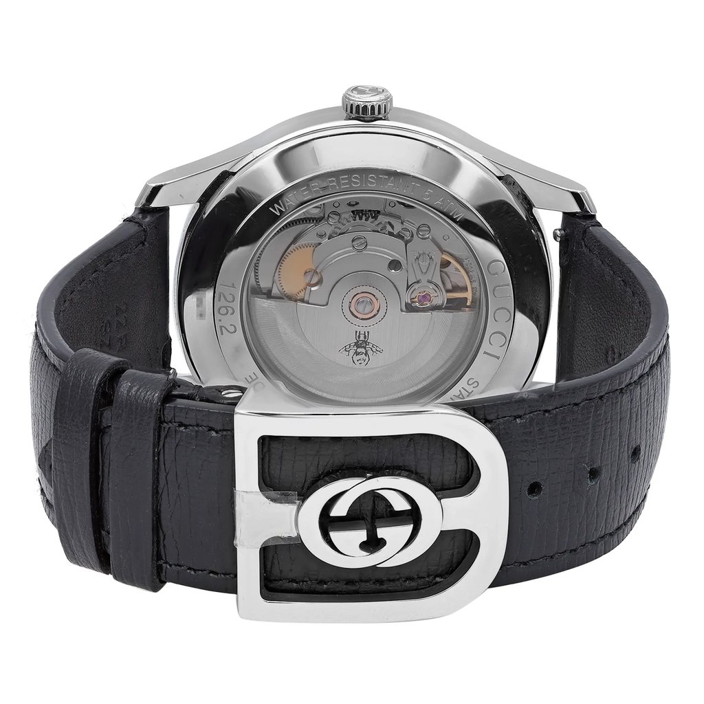 Back View Of Exhibition Back Case And Closed Leather Band Of Gucci YA126286 Watch Display Model Condition