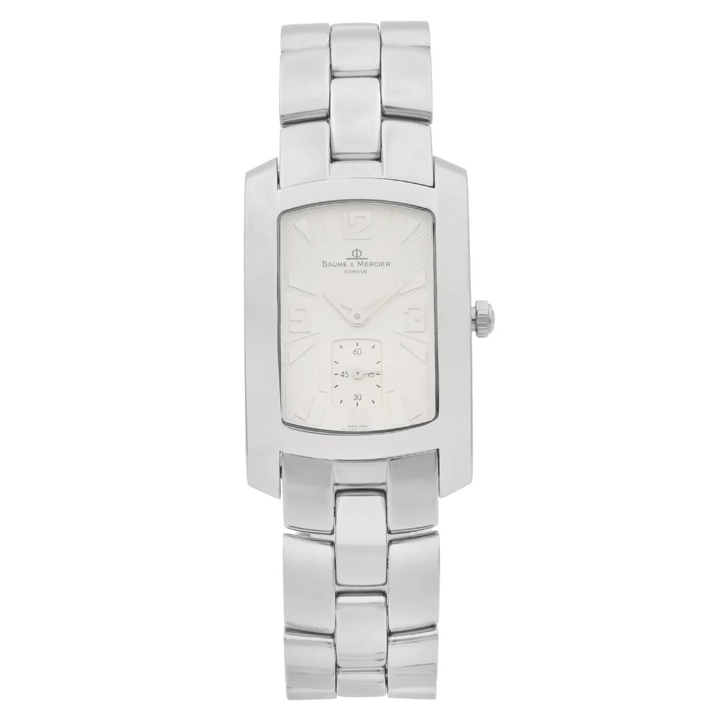 An image of a Wristwatch by Baume & Mercier. This Pre Owned item is designed for Men, featuring a Dress/Formal style. It has a Quartz movement and an Analog display with a Silver dial color. The indices include Arabic Numerals, Sticks. The band is made of Stainless Steel and the case is made of Stainless Steel. The watch has a Rectangle shape with a case size of 26 mm and a case thickness of 8 mm.