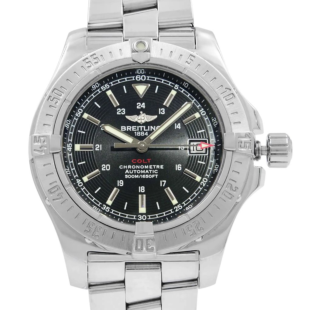 Up Close Front Facing Picture Of Breitling A17380 Stainless Steel Watch Pre Owned Condition