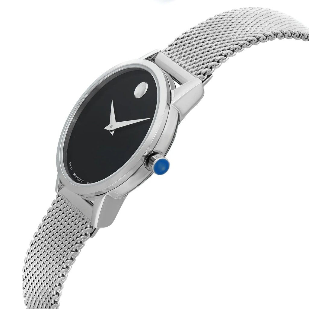View Of Crown Facing Side Of Movado 0607220 Stainless Steel Watch Display Model Condition