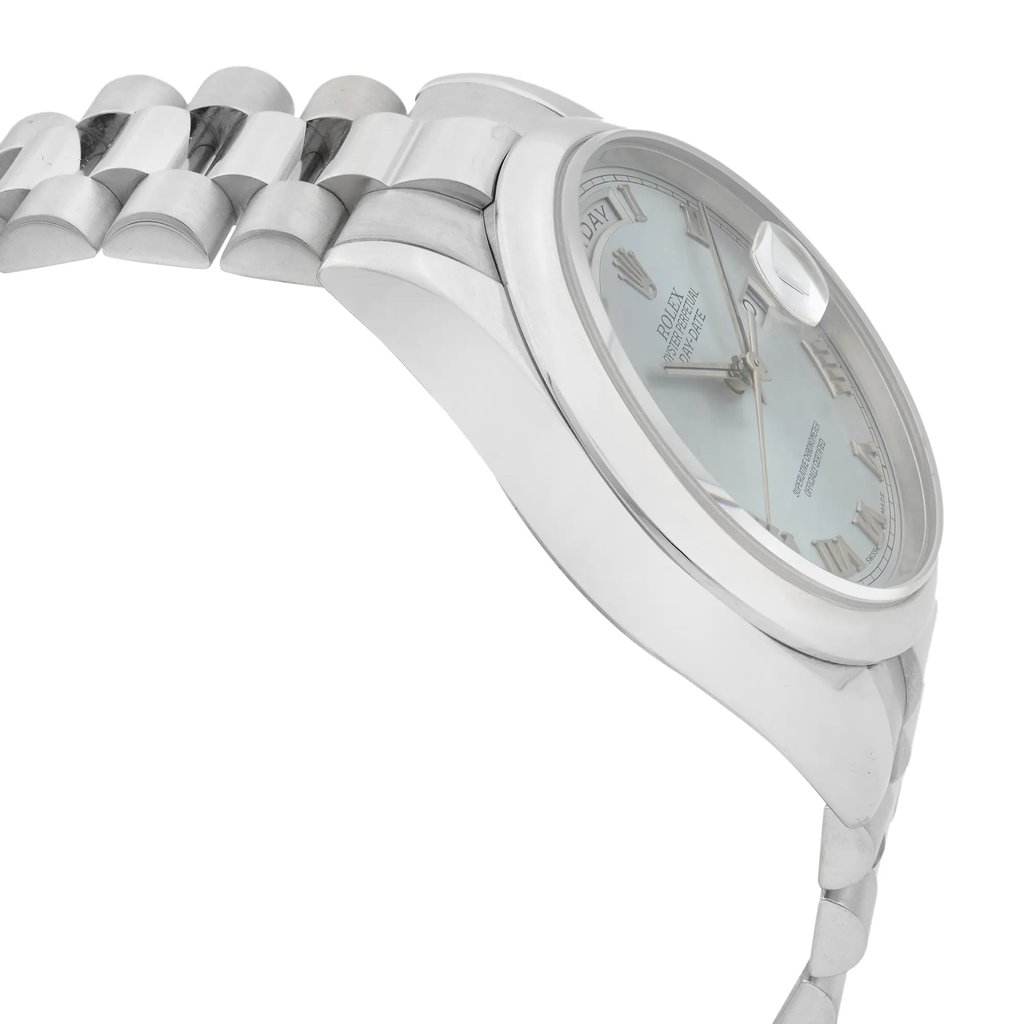 View Of Opposite Crown Facing Side Of Rolex 118209 White Gold Watch Pre Owned Condition