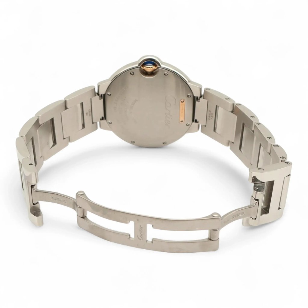 Back View Of Screwback Back Case And Open Stainless Steel Band Of Cartier WE902081 Watch Pre Owned Condition