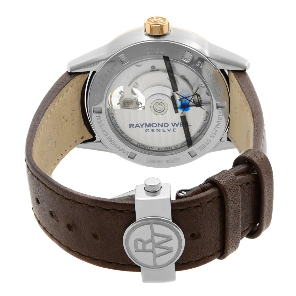 Back View Of Exhibition Back Case And Closed Leather Band Of RAYMOND WEIL 2780-SC5-20001 Watch New With Defects Condition