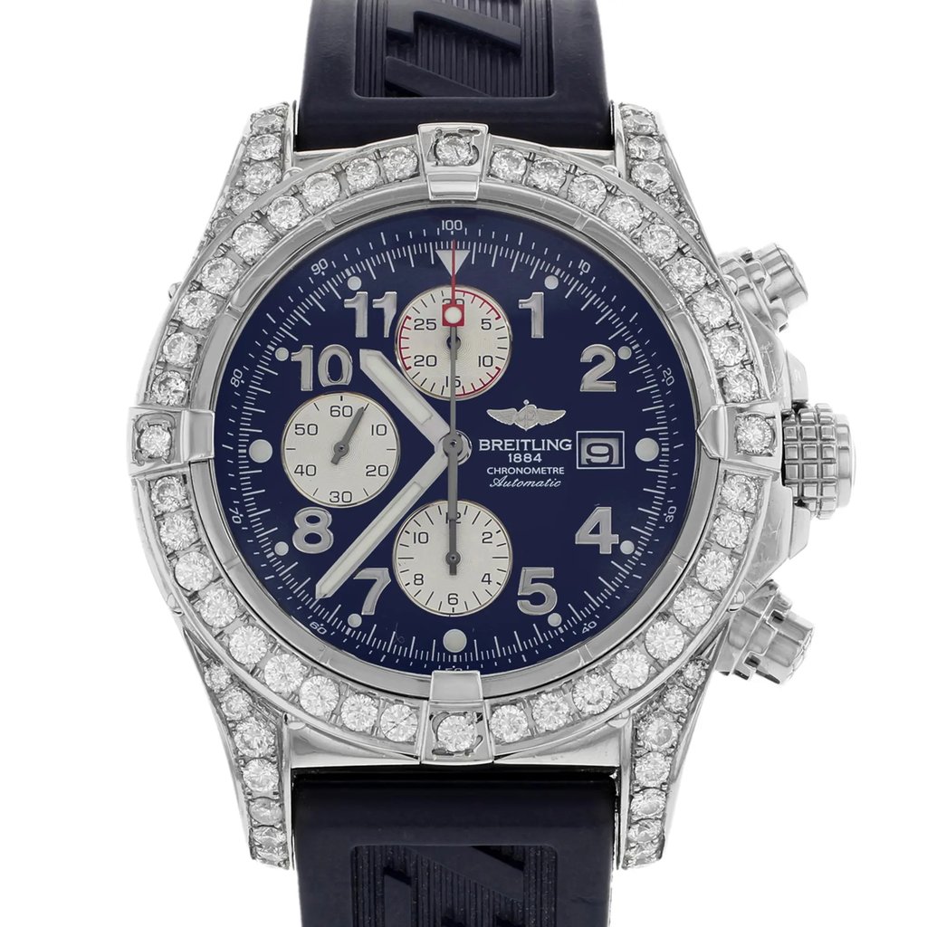 Up Close Front Facing Picture Of Breitling A13370 Stainless Steel Watch Pre Owned Condition