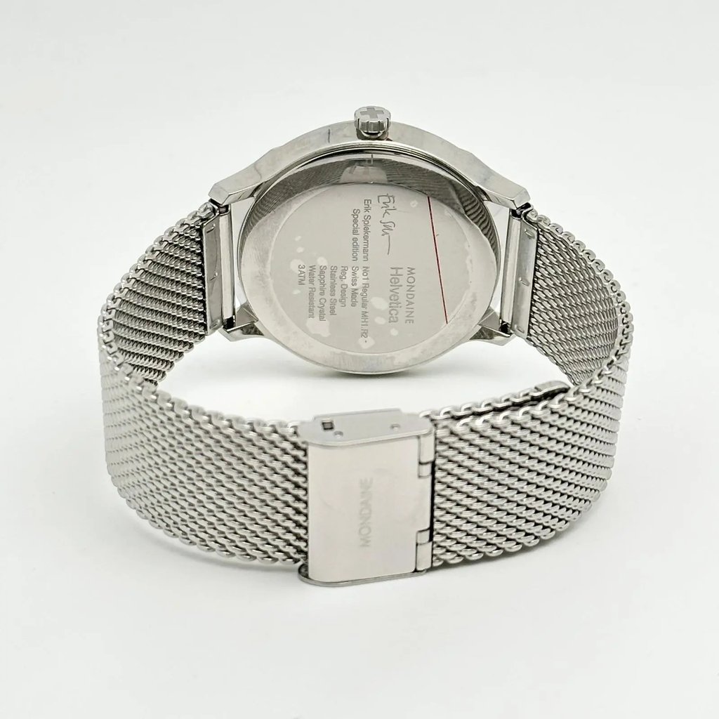 Back View Of Snap Back Case And Closed Stainless Steel Band Of Mondaine MH1.R2211.SM Watch Display Model Condition