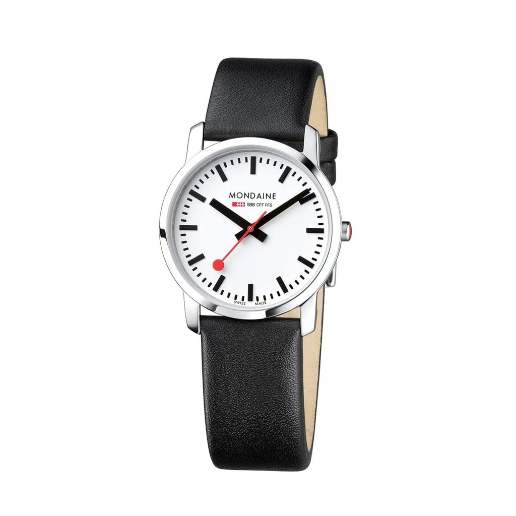 An image of a Wristwatch by Mondaine. This Display Model item is designed for Women, featuring a Casual style. It has a Quartz movement and an Analog display with a White dial color. The indices include 12-Hour Dial,Non-Numeric Hour Marks,Stick Indexes. The band is made of Leather and the case is made of Stainless Steel. The watch has a Round shape with a case size of 36 mm and a case thickness of 6 mm.