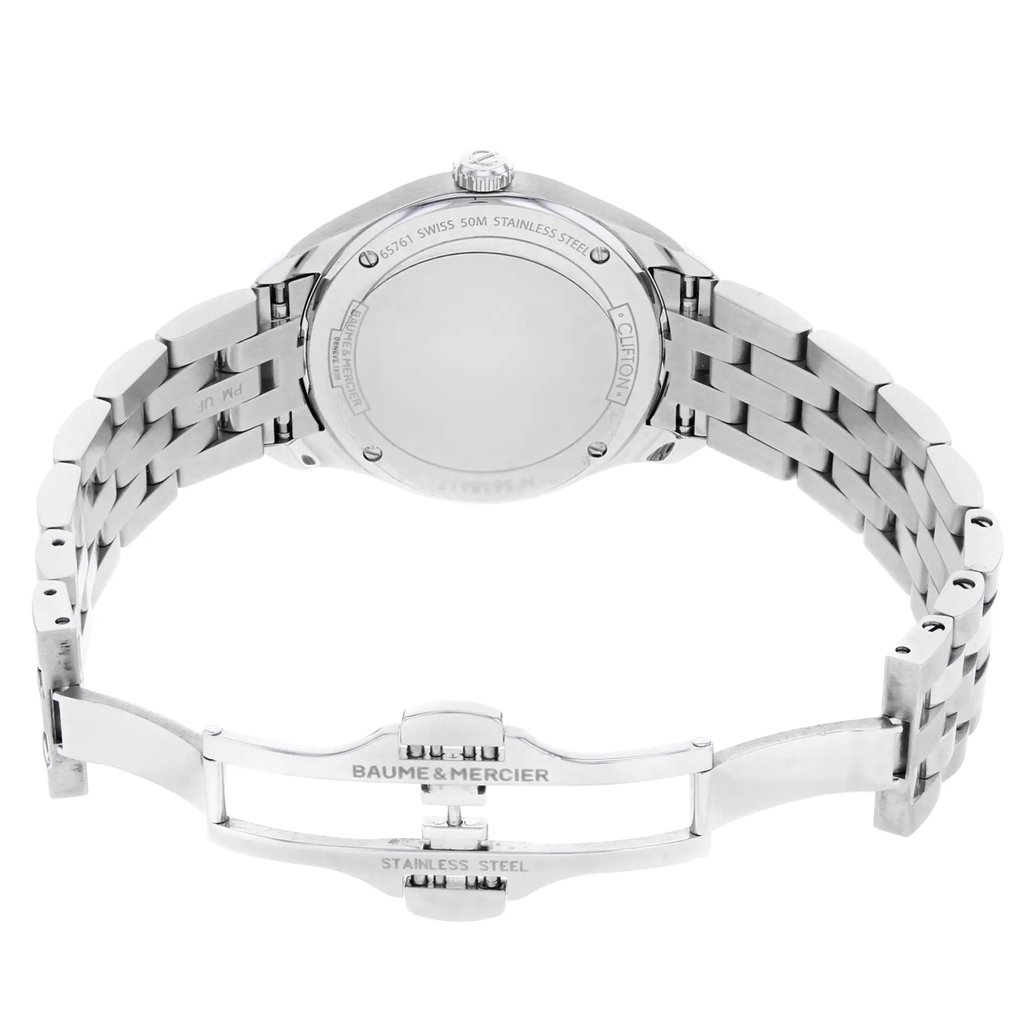 Back View Of Screwback Back Case And Open Stainless Steel Band Of Baume & Mercier MOA10176 Watch Pre Owned Condition