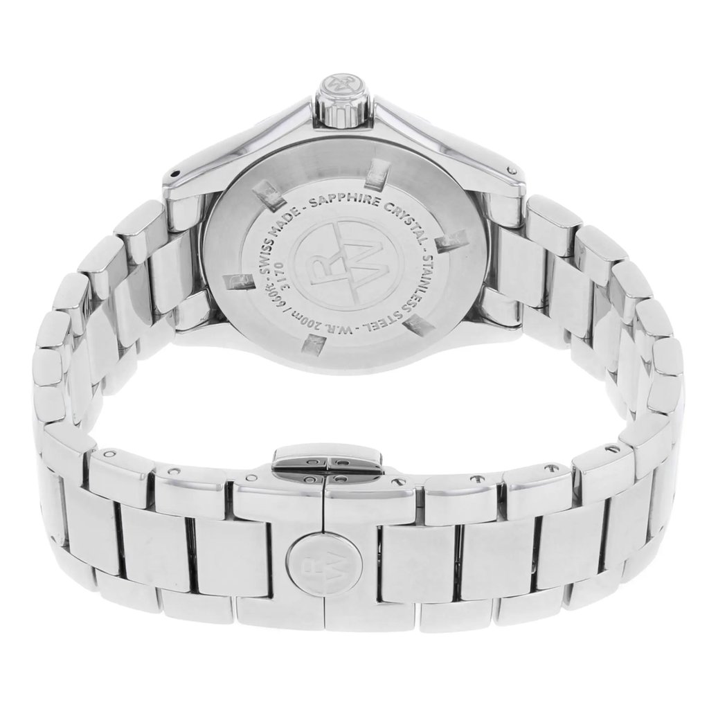 Back View Of {Caseback} Back Case And Closed Stainless Steel Band Of RAYMOND WEIL 3170-ST-05985 Watch Pre Owned Condition