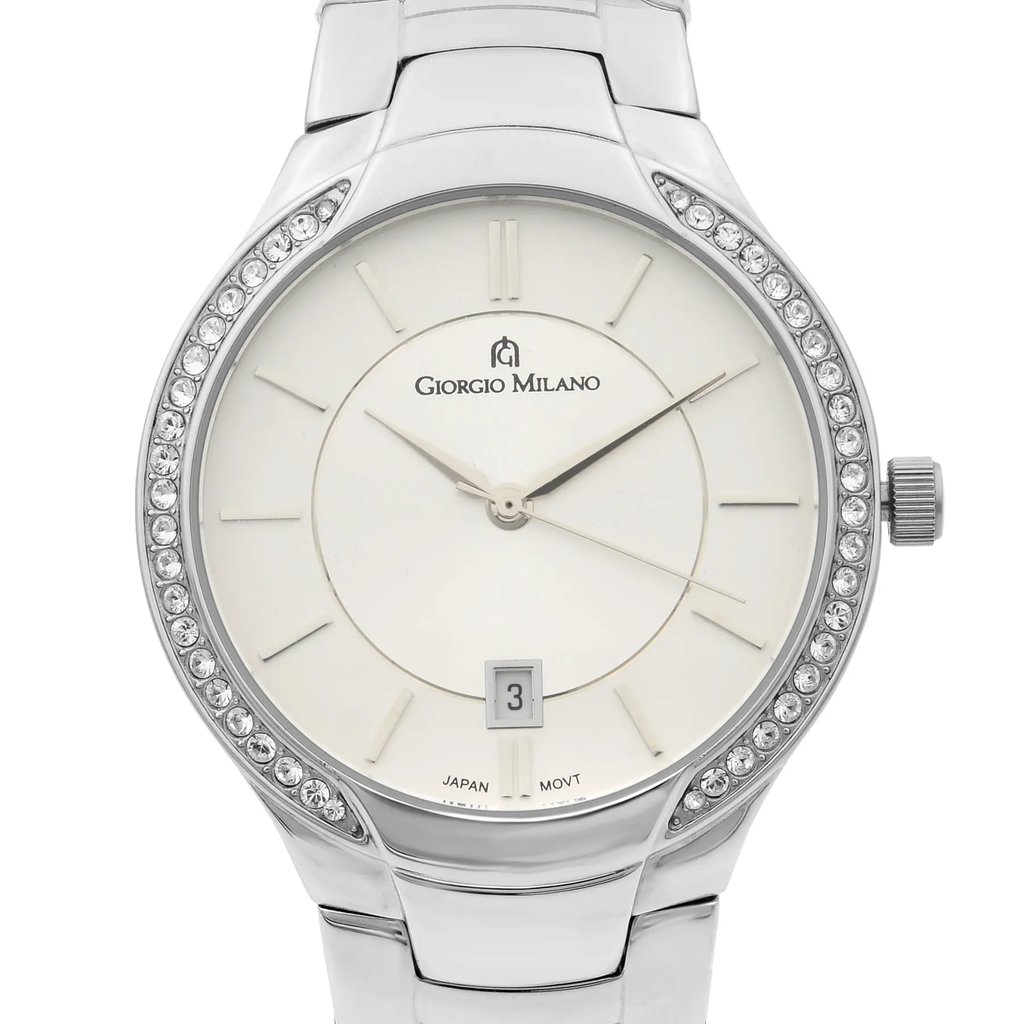 Up Close Front Facing Picture Of Giorgio Milano GM845SL-SL Stainless Steel Watch Display Model Condition