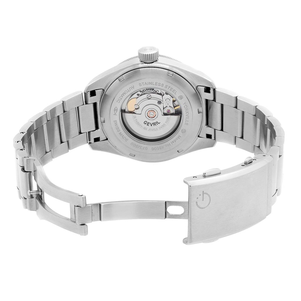 Back View Of Exhibition Back Case And Open Stainless Steel Band Of Gevril 48606 Watch Display Model Condition