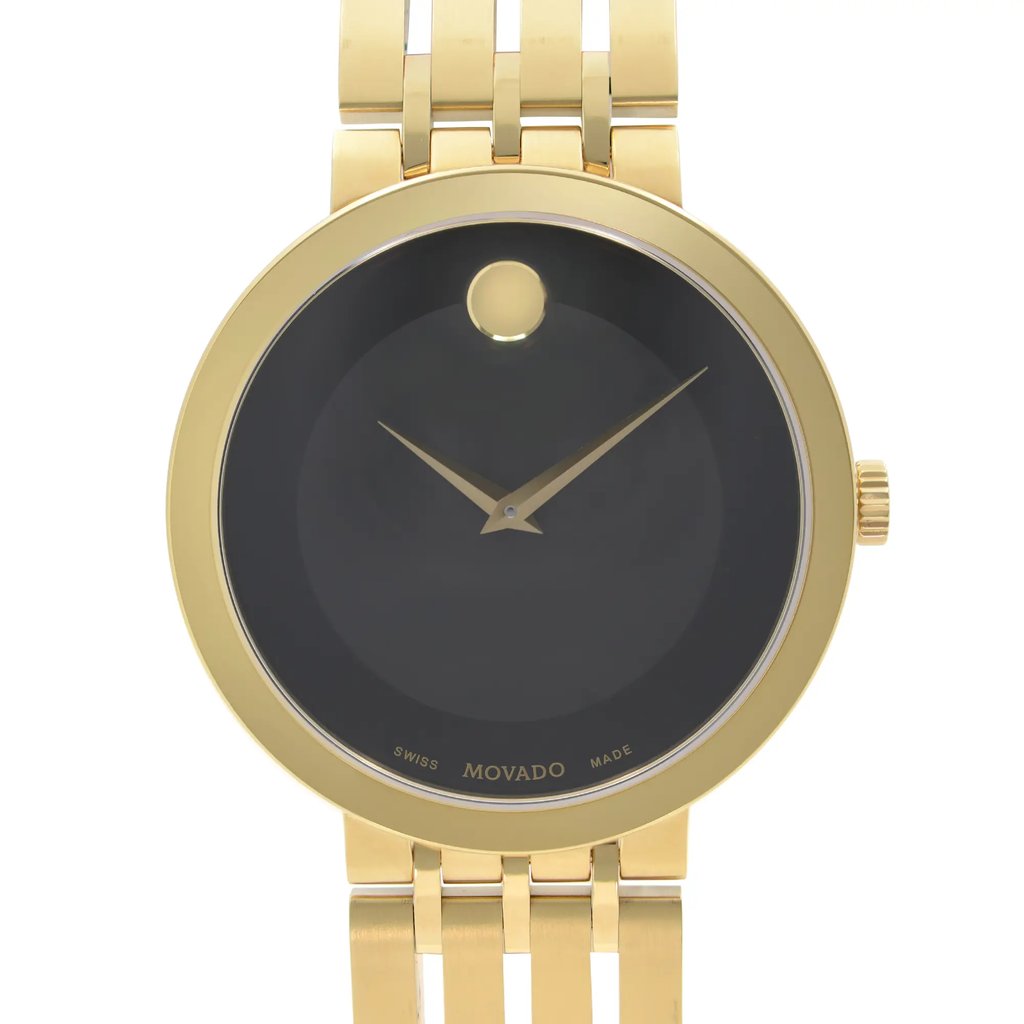 An image of a wristwatch showing a close-up, front view of the watch face. The watch has a sleek black dial with minimalistic design, featuring a single dot at the 12 o'clock position and thin gold hour and minute hands. The watch casing and linked bracelet are gold-toned, with the crown positioned on the right side. The image highlights the luxury and elegance of the watch, despite being new with defects.