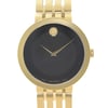 An image of a wristwatch showing a close-up, front view of the watch face. The watch has a sleek black dial with minimalistic design, featuring a single dot at the 12 o'clock position and thin gold hour and minute hands. The watch casing and linked bracelet are gold-toned, with the crown positioned on the right side. The image highlights the luxury and elegance of the watch, despite being new with defects.