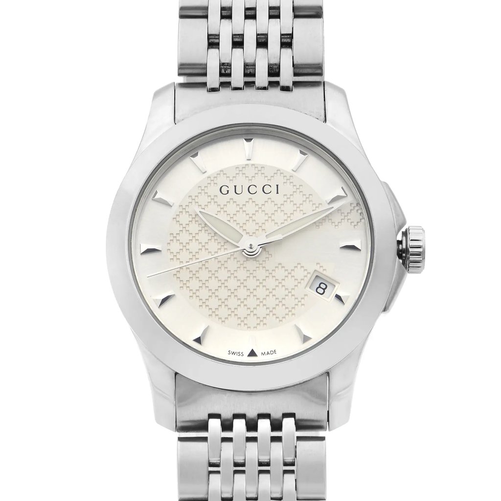 Up Close Front Facing Picture Of Gucci YA126501 Stainless Steel Watch Pre Owned Condition