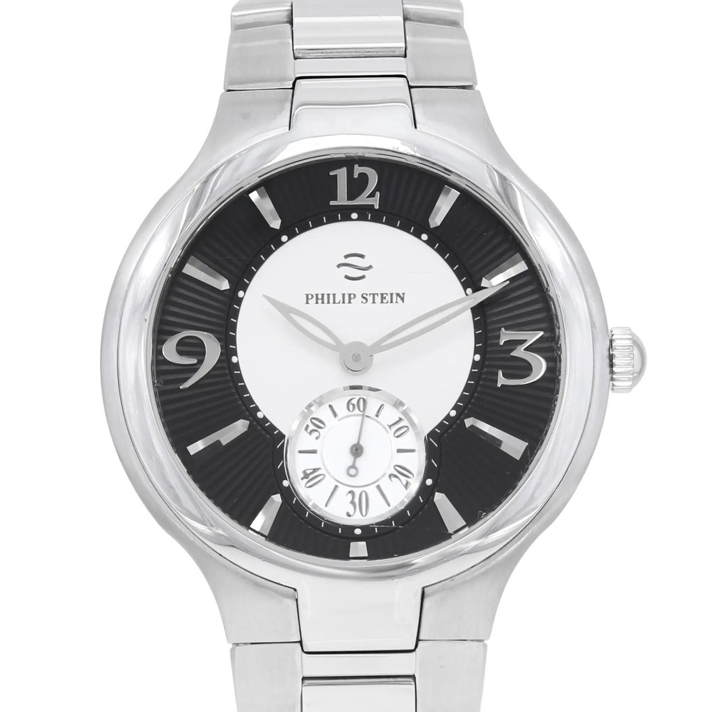 Up Close Front Facing Picture Of Philip Stein 43-MBW-SS Stainless Steel Watch Pre Owned Condition