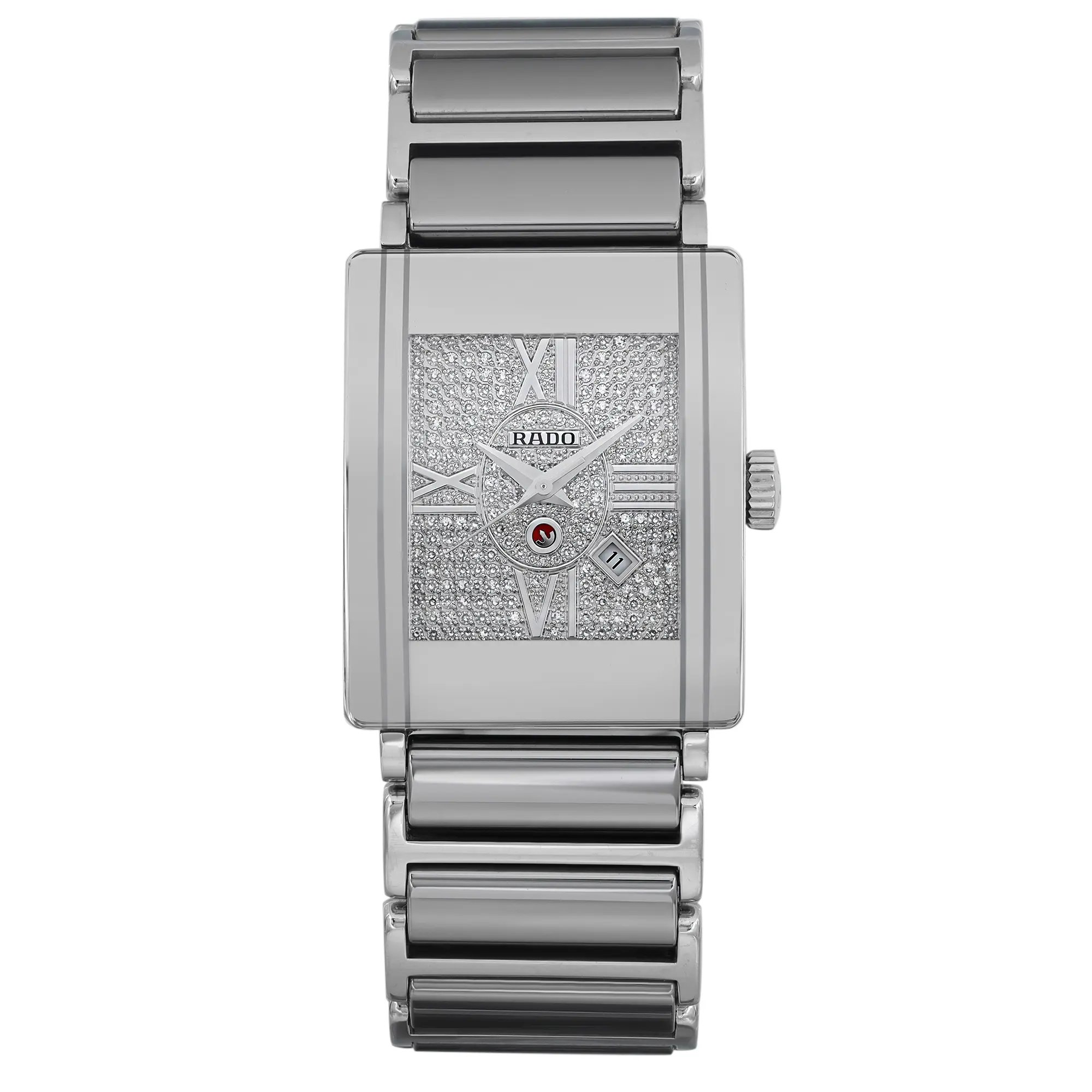 An image of a pre-owned Rado men's wristwatch in good condition, displayed in a front full frontal view. The watch features a rectangle-shaped case and a silver diamond pattern dial with Roman numeral indices. A hairline scratch is visible on the bezel. The watch exhibits minor signs of wear with some scratches. It has a ceramic and stainless steel band and case, and the watch is positioned centrally and close-up, allowing for detailed viewing of its design and condition.