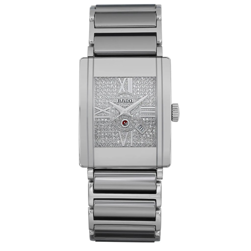 An image of a pre-owned Rado men's wristwatch in good condition, displayed in a front full frontal view. The watch features a rectangle-shaped case and a silver diamond pattern dial with Roman numeral indices. A hairline scratch is visible on the bezel. The watch exhibits minor signs of wear with some scratches. It has a ceramic and stainless steel band and case, and the watch is positioned centrally and close-up, allowing for detailed viewing of its design and condition.