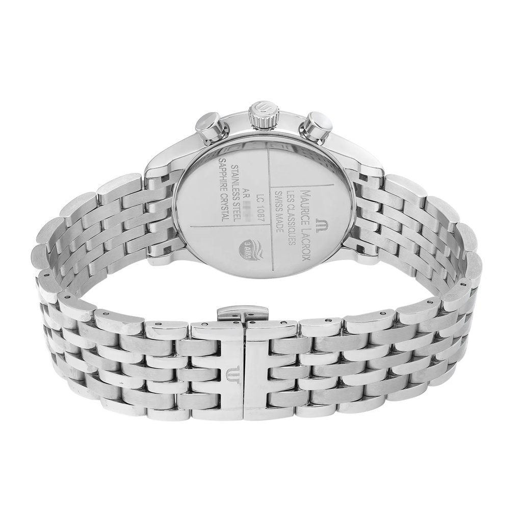 Back View Of Solid Back Case And Closed Stainless Steel Band Of Maurice Lacroix LC1087-SS002-160 Watch Unworn Condition
