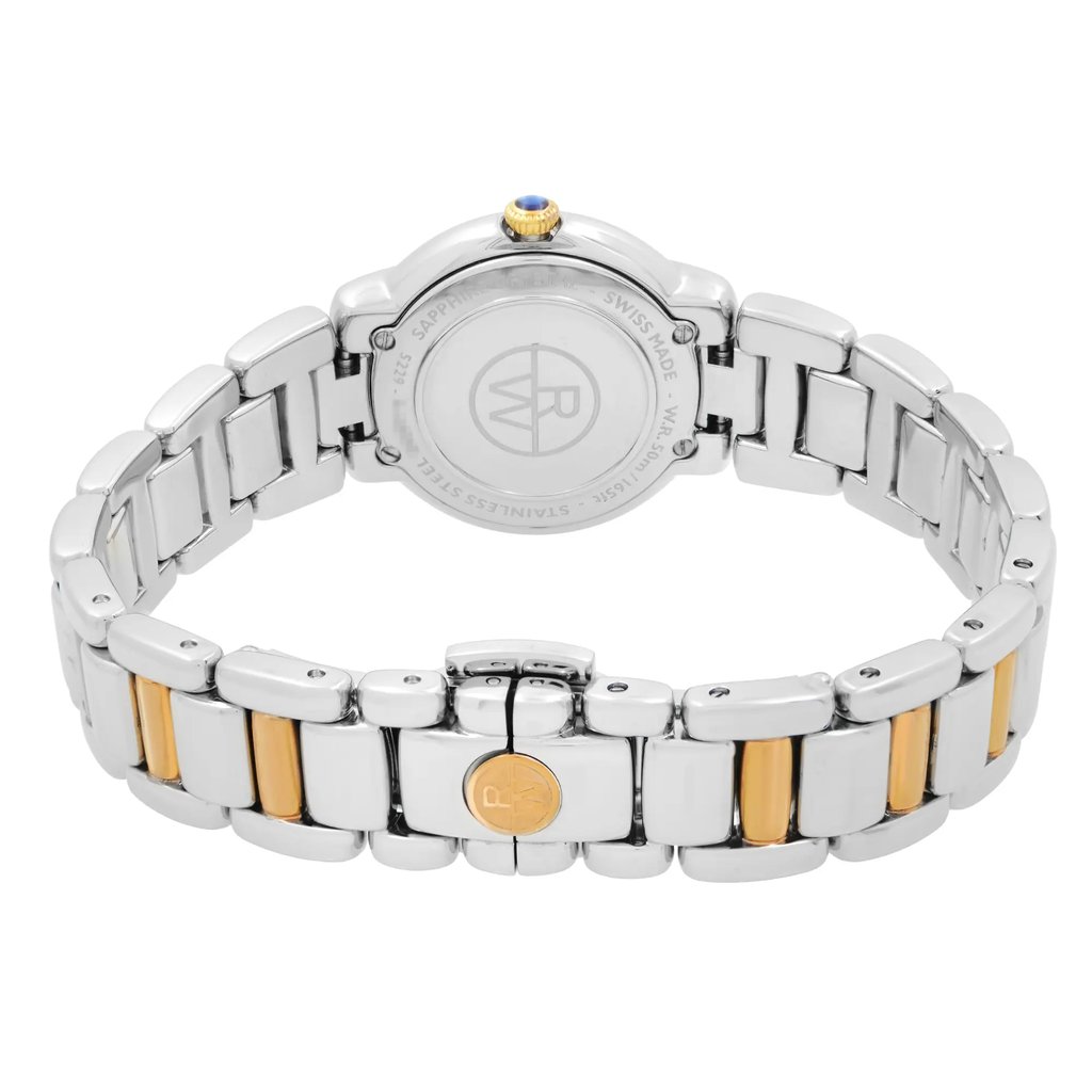 An image of a Raymond Weil women's wristwatch shown from the back view, highlighting the solid stainless steel caseback. The watch is positioned on a surface with its fold-over clasp with a double push button prominently displayed in the foreground. The stainless steel band features gold-tone accents, and the watch is unworn, with a clear focus on the clasp area at a close distance.