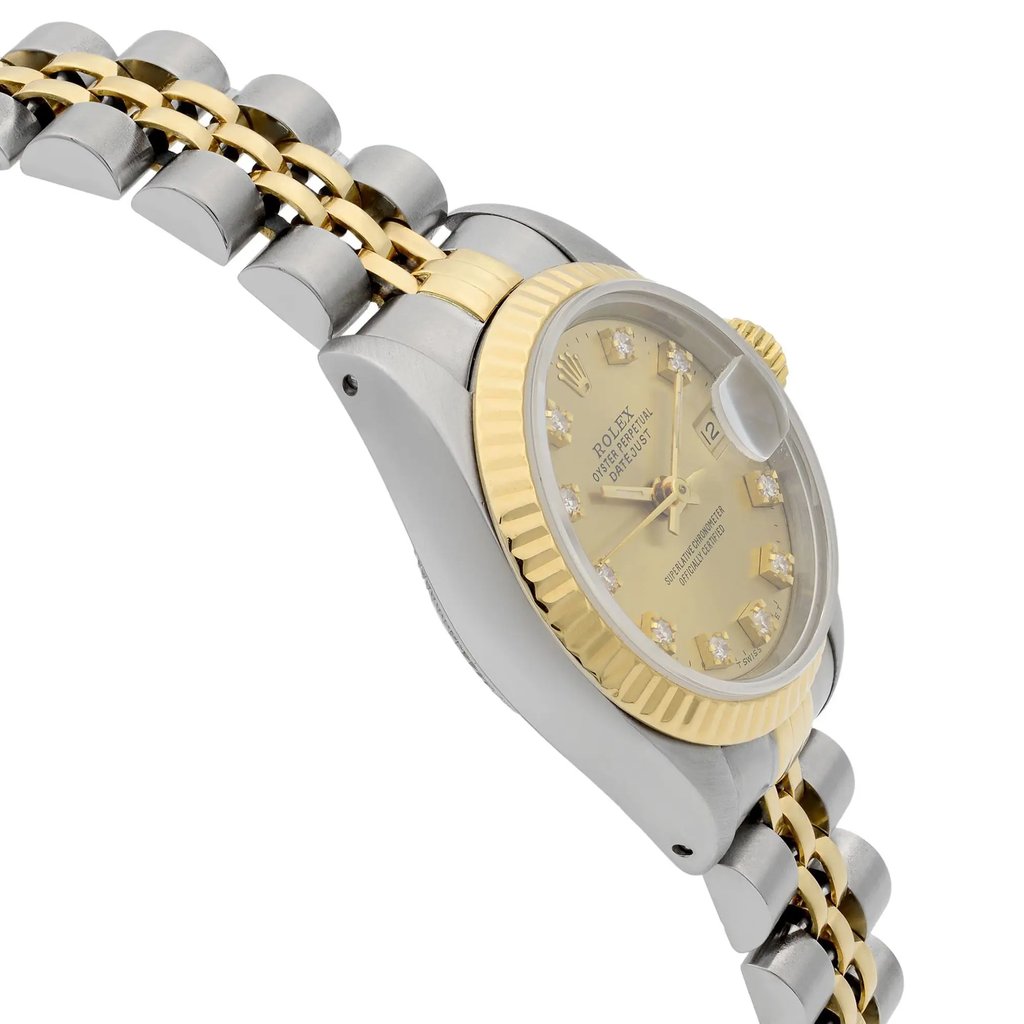 An image of a pre-owned women's Rolex wristwatch featuring a date indicator. The watch is positioned at a slight angle, showcasing the side and front of the watch face. The bracelet, made of stainless steel and gold links, is prominently displayed, highlighting its two-tone design. The watch face is close enough to reveal the details of the dial and date window.