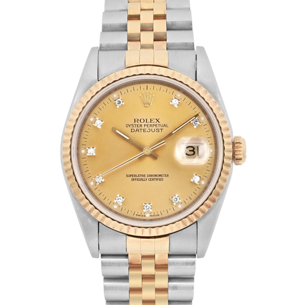 An image of a pre-owned men's Rolex wristwatch, viewed from a front angle at a close distance. The watch features a gold and steel metal band with a gold bezel. The face is gold-toned with diamond hour markers and includes a date indicator at the 3 o'clock position. The brand name "Rolex" and model "Oyster Perpetual Datejust" are visible on the watch face.