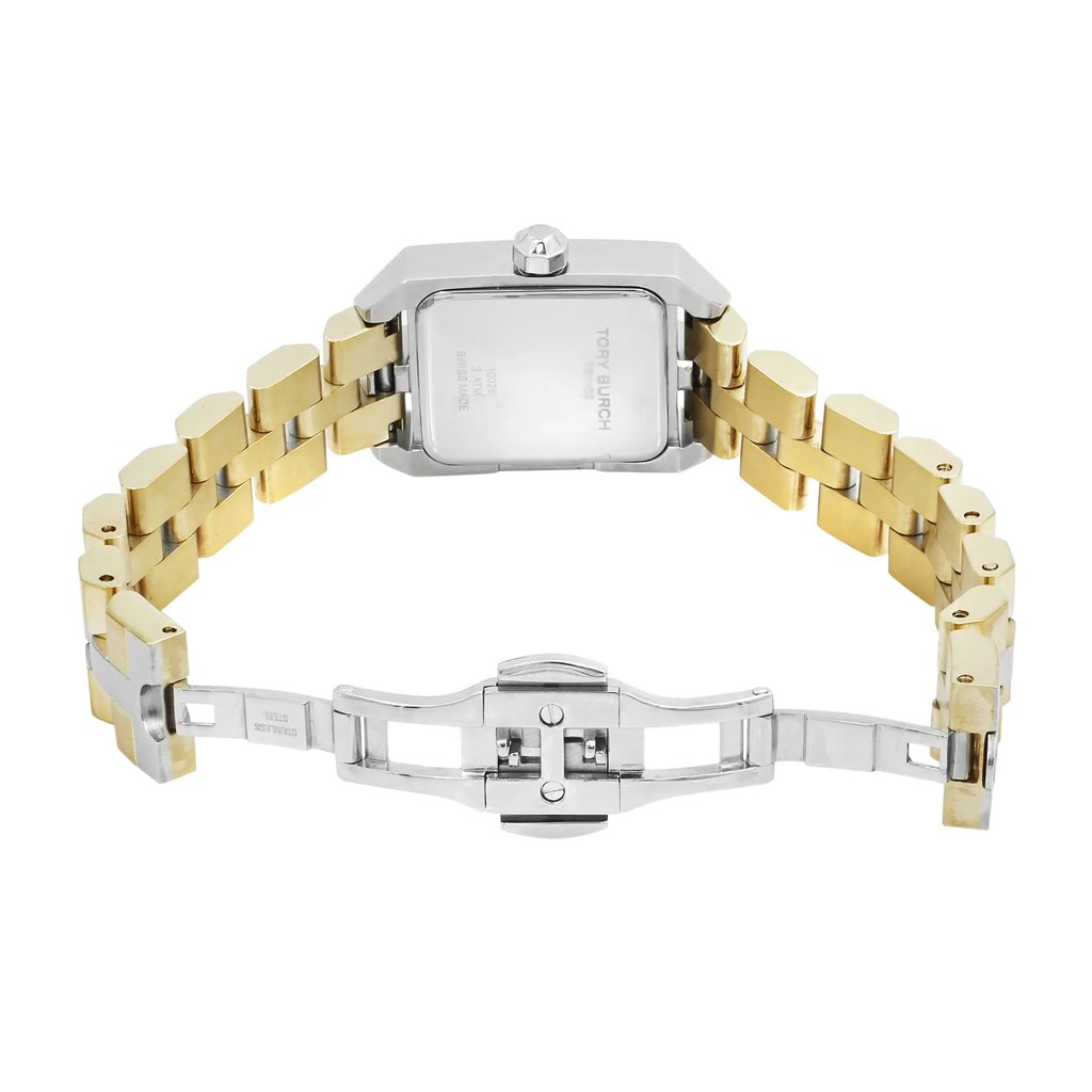 Back View Of Solid Back Case And Open Stainless Steel Band Of Tory Burch TB1102 Watch Pre Owned Condition