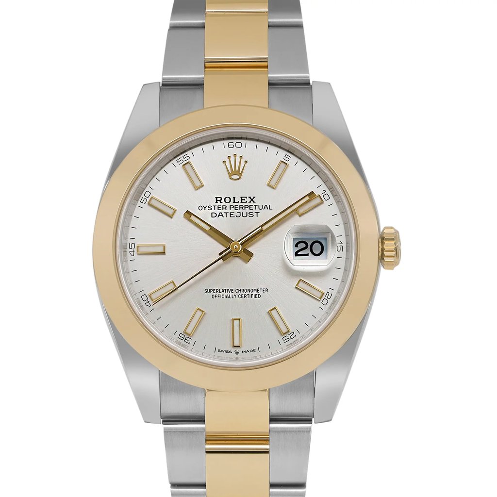 An image of an unworn Rolex Oyster Perpetual Datejust wristwatch, shown in a front close-up view highlighting the watch face. The luxury watch features a round shape with a silver sunburst dial and gold bezel. It has a stainless steel and yellow gold band, and the dial includes stick indexes, luminous hands, and a date indicator at the 3 o'clock position. The watch is positioned straight on and fills the frame, providing a clear view of its details and excellent condition.