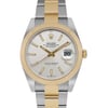 An image of an unworn Rolex Oyster Perpetual Datejust wristwatch, shown in a front close-up view highlighting the watch face. The luxury watch features a round shape with a silver sunburst dial and gold bezel. It has a stainless steel and yellow gold band, and the dial includes stick indexes, luminous hands, and a date indicator at the 3 o'clock position. The watch is positioned straight on and fills the frame, providing a clear view of its details and excellent condition.