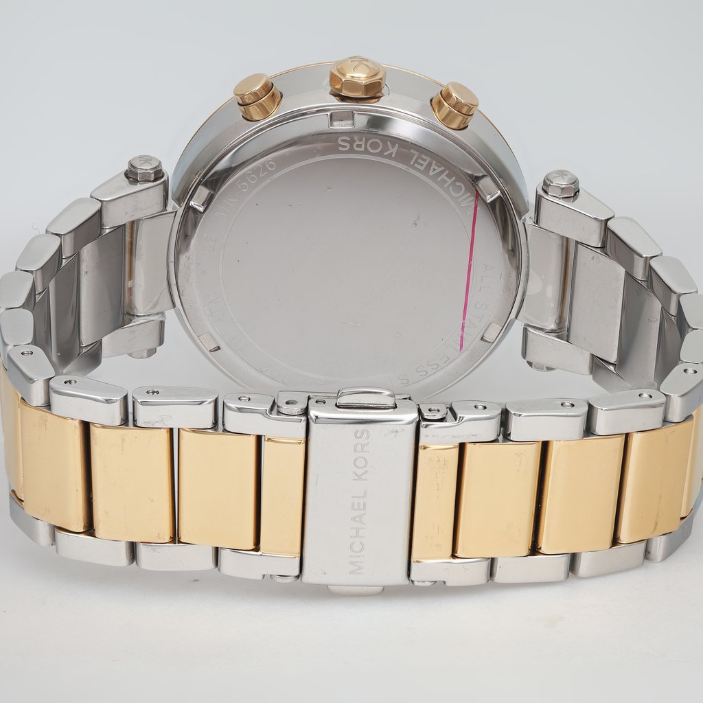 Back View Of Solid Back Case And Closed Stainless Steel Band Of Michael Kors MK5626 Watch Pre Owned Condition