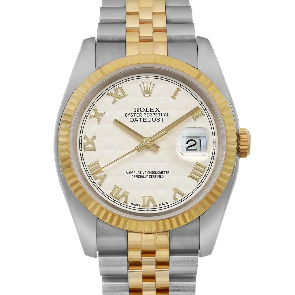 An image of a pre-owned men's luxury Rolex wristwatch, captured in a front close-up shot of the watch face. The round dial is cream-colored with Roman numeral indices and features a date indicator. The bezel is gold, complementing the stainless steel case. The watch is in good condition.