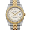 An image of a pre-owned men's luxury Rolex wristwatch, captured in a front close-up shot of the watch face. The round dial is cream-colored with Roman numeral indices and features a date indicator. The bezel is gold, complementing the stainless steel case. The watch is in good condition.