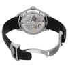 An image of a pre-owned wristwatch shown from the back view with an open clasp. The watch is positioned upright, showcasing its intricate mechanical movement. The angle highlights the transparent case back, allowing a clear view of the internal components. The leather strap is visible, with the clasp open and extended towards the foreground. The image is taken at a close range to emphasize the watch's details and craftsmanship.