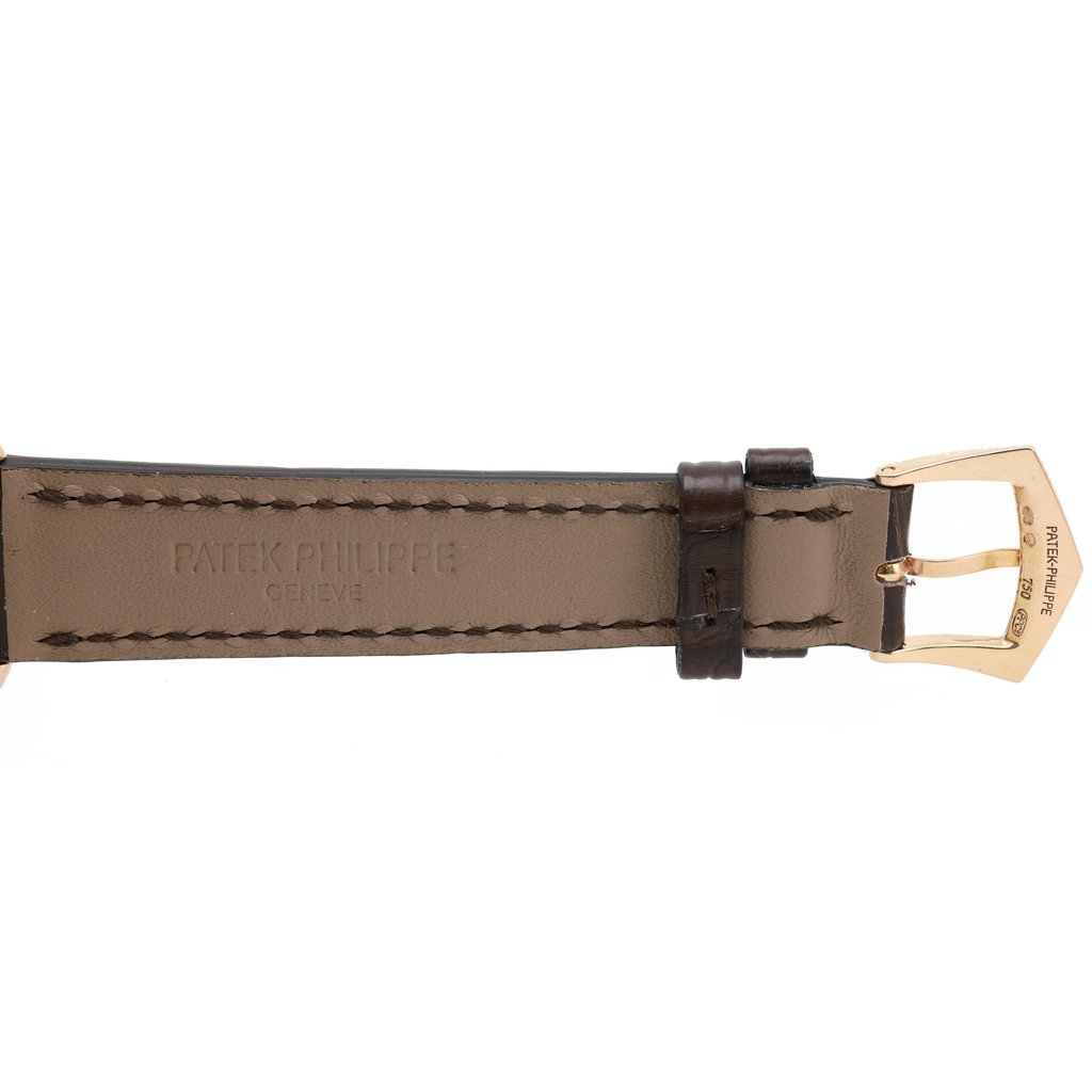 Back View Of Exhibition Back Case And Open Leather Band Of Patek Philippe 5123R-001 Watch Pre Owned Condition