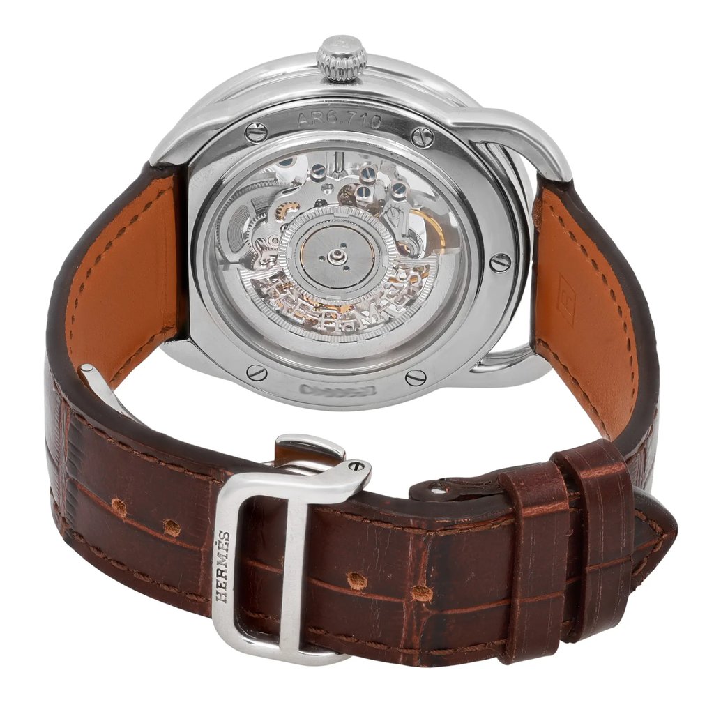 Back View Of Exhibition Back Case And Closed Leather Band Of Hermes AR6.710 Watch Pre Owned Condition