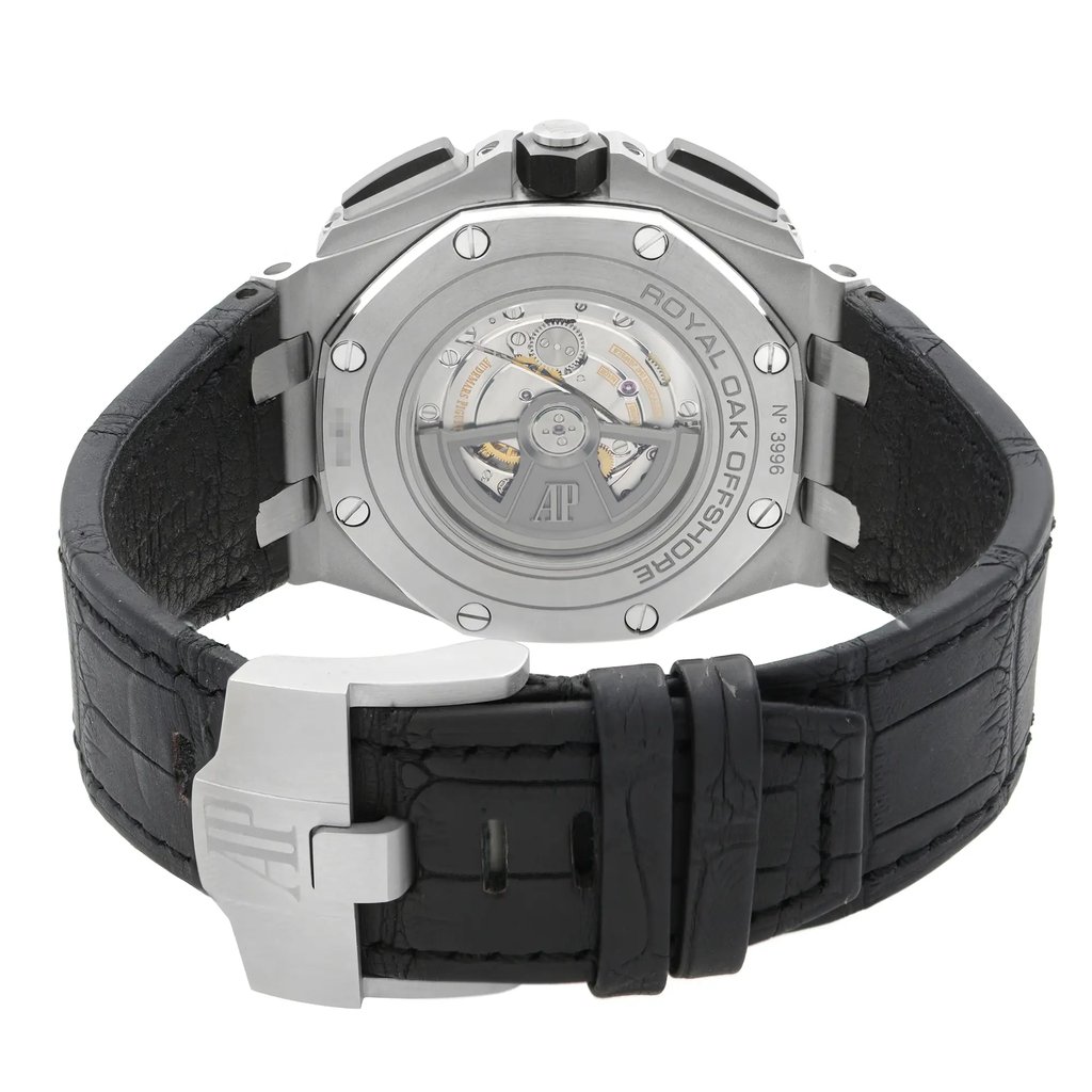 Back View Of Exhibition Back Case And Closed Leather Band Of Audemars Piguet 26400SO.OO.A002CA.1 Watch Display Model Condition