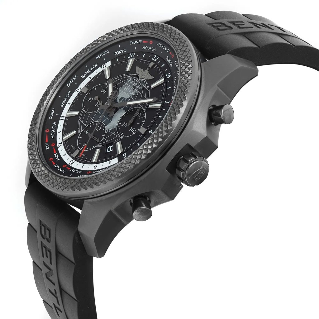 An image of a men's Breitling Pilot/Aviator wristwatch in a display model condition, shown in a side profile view with the crown visible. The watch features a round stainless steel case with a black bezel and a black rubber band, positioned at a slight angle to the camera, providing a clear view of the black dial. The watch has chronograph functionalities, a date indicator, luminous hands, and a small seconds subdial. The case has minor micro marks indicative of handling. The watch is captured from a medium distance, emphasizing its design and features.