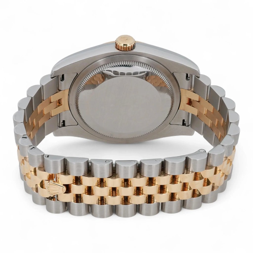 An image of a pre-owned Rolex wristwatch displayed from the back, showcasing the stainless steel and gold bracelet at a straight angle. The watch is positioned at a medium distance, highlighting the secure clasp and the brand's logo on the bracelet. The crown is visible at the top center of the case, emphasizing the unisex design and craftsmanship.