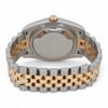 An image of a pre-owned Rolex wristwatch displayed from the back, showcasing the stainless steel and gold bracelet at a straight angle. The watch is positioned at a medium distance, highlighting the secure clasp and the brand's logo on the bracelet. The crown is visible at the top center of the case, emphasizing the unisex design and craftsmanship.